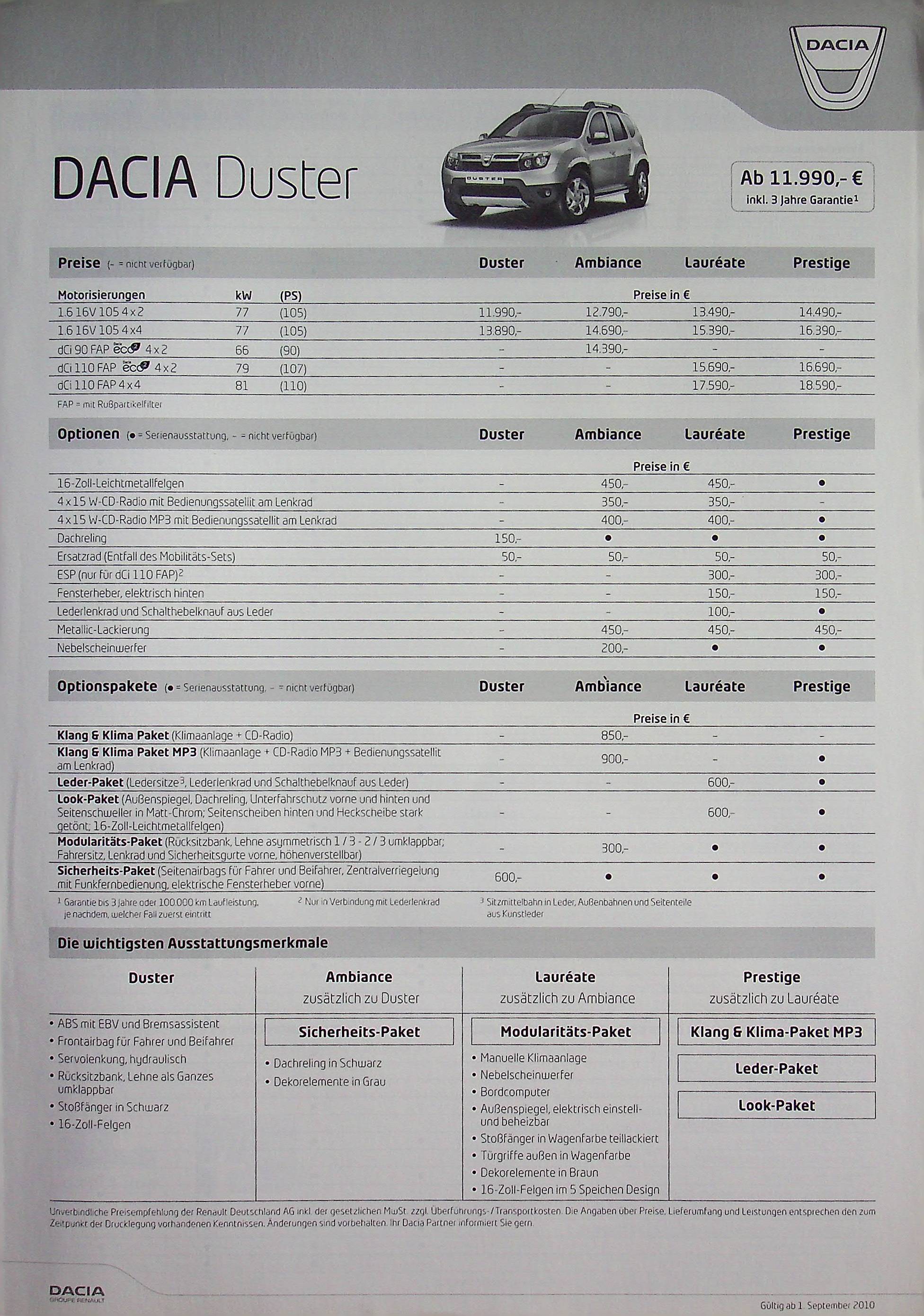 Dacia Duster - Preisliste & Extras - Prospekt 09/2010
