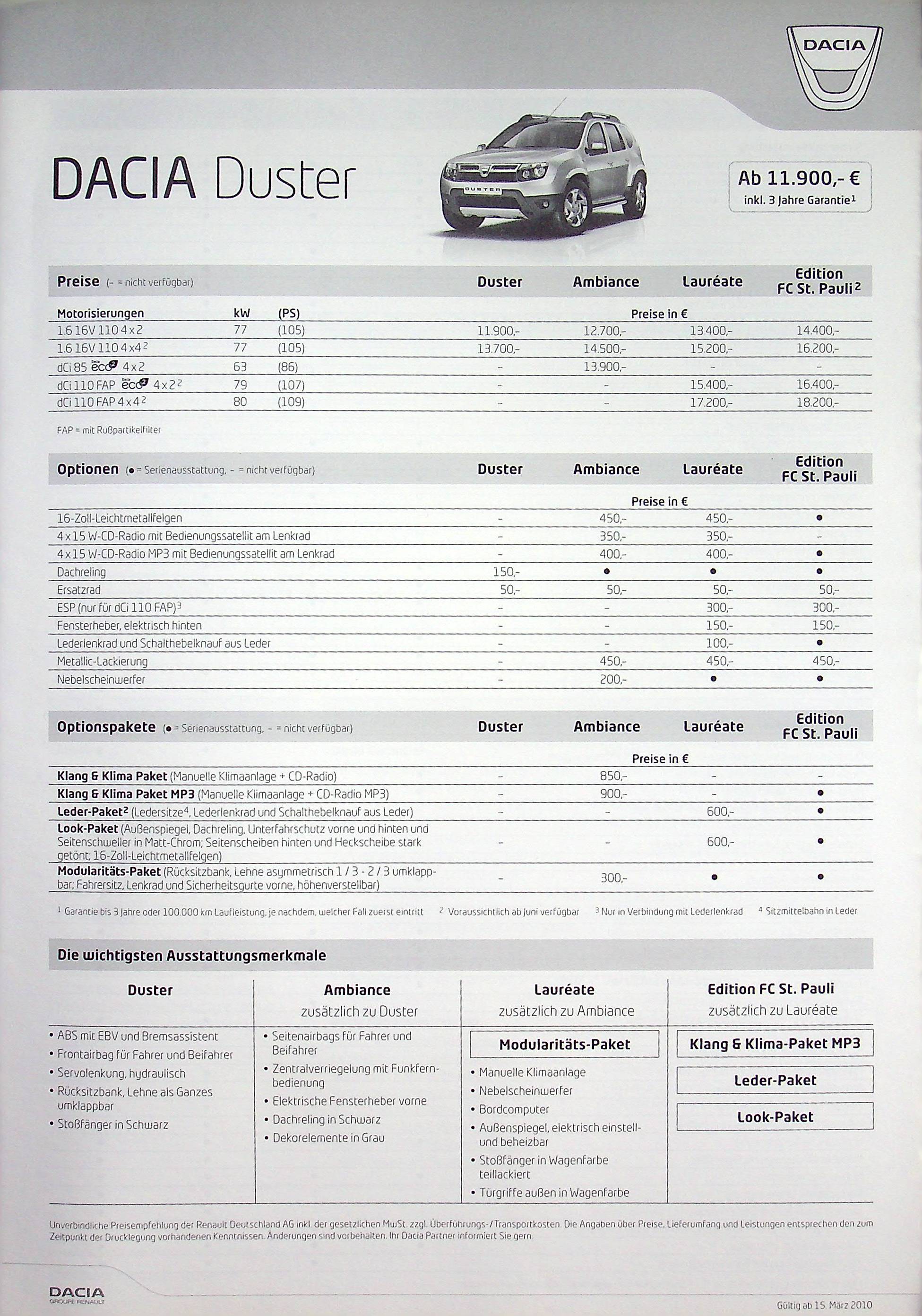 Dacia Duster - Preisliste & Extras - Prospekt 03/2010