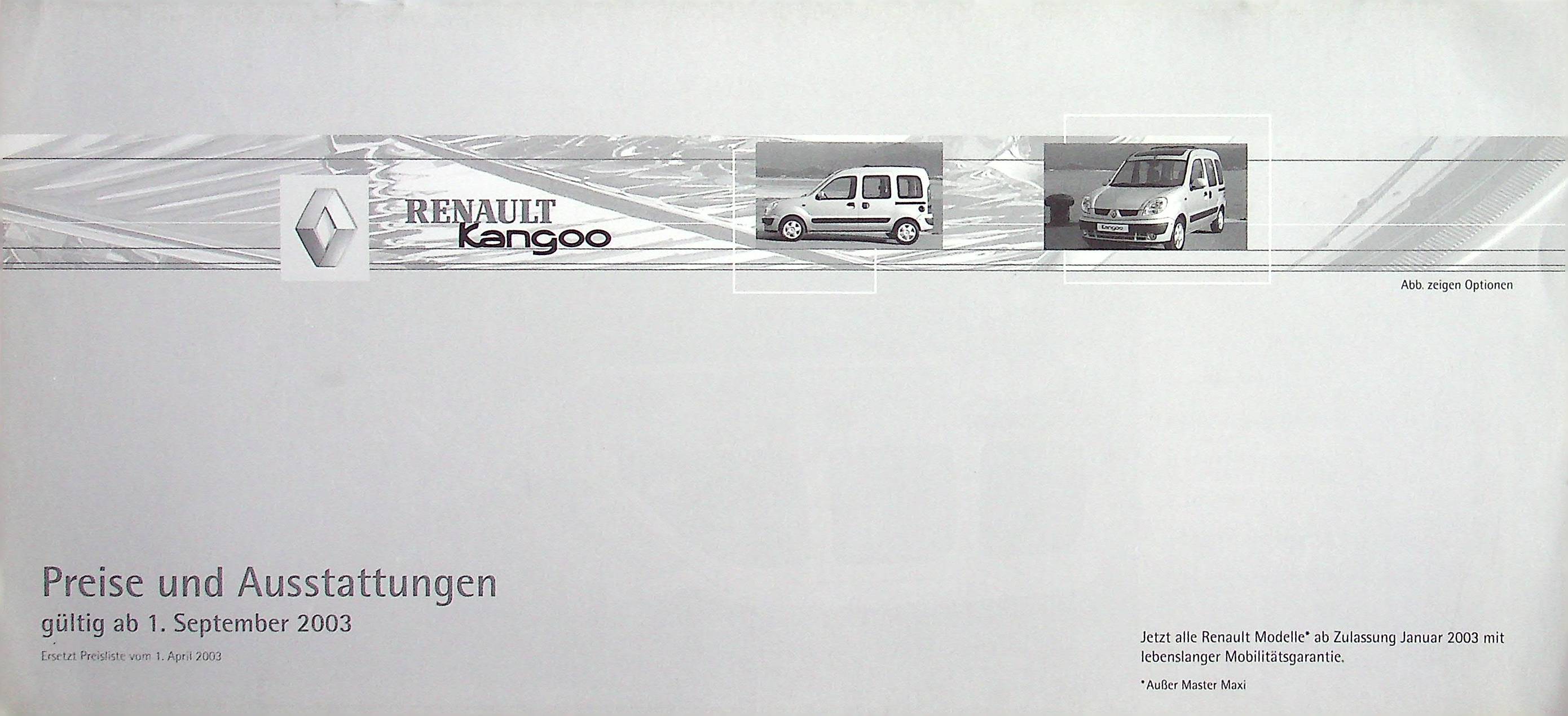 Renault Kangoo - Preisliste & Extras - Prospekt 09/2003