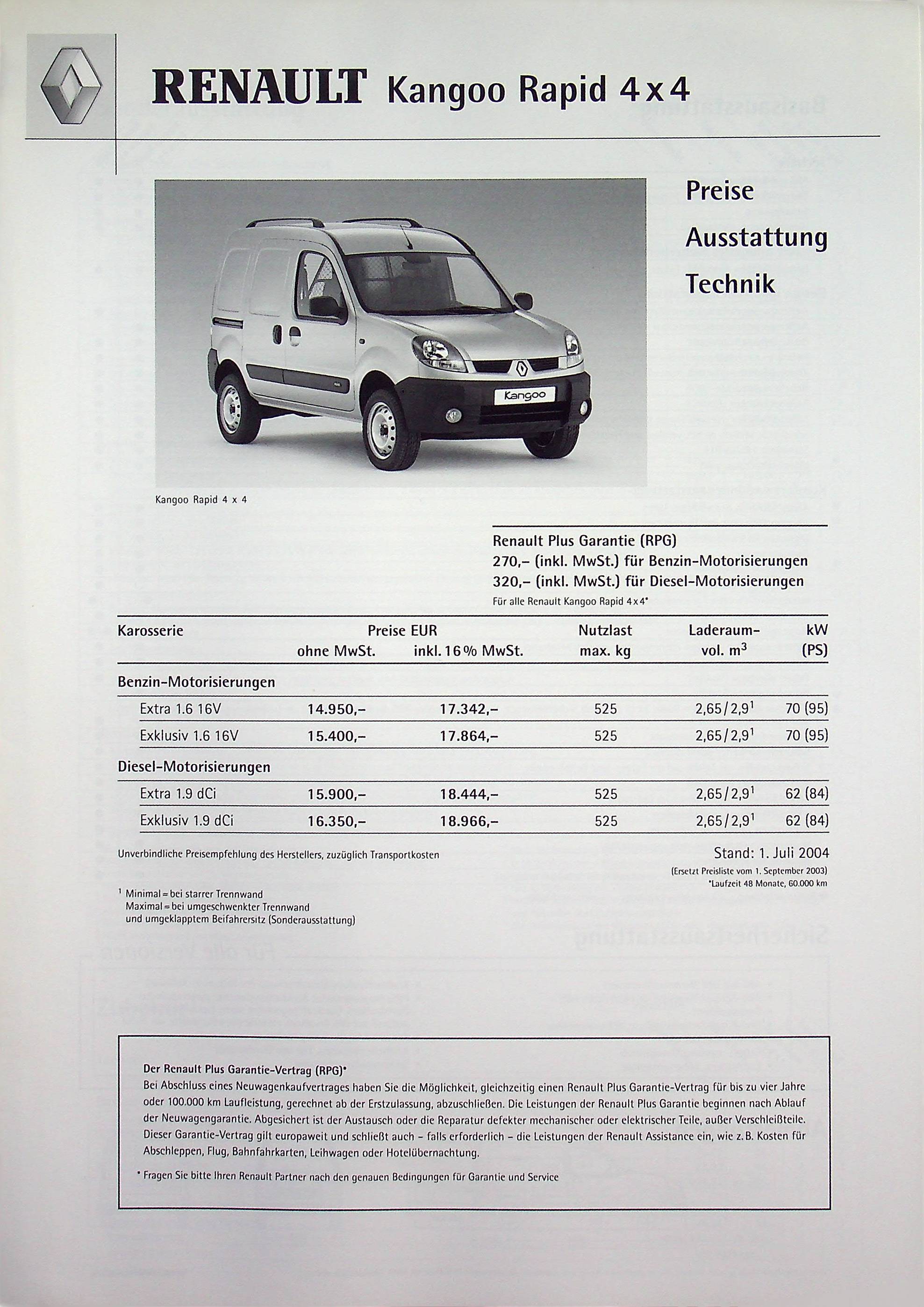 Renault Kangoo Rapid 4x4 - Preise & Extras - Prospekt 07/2004