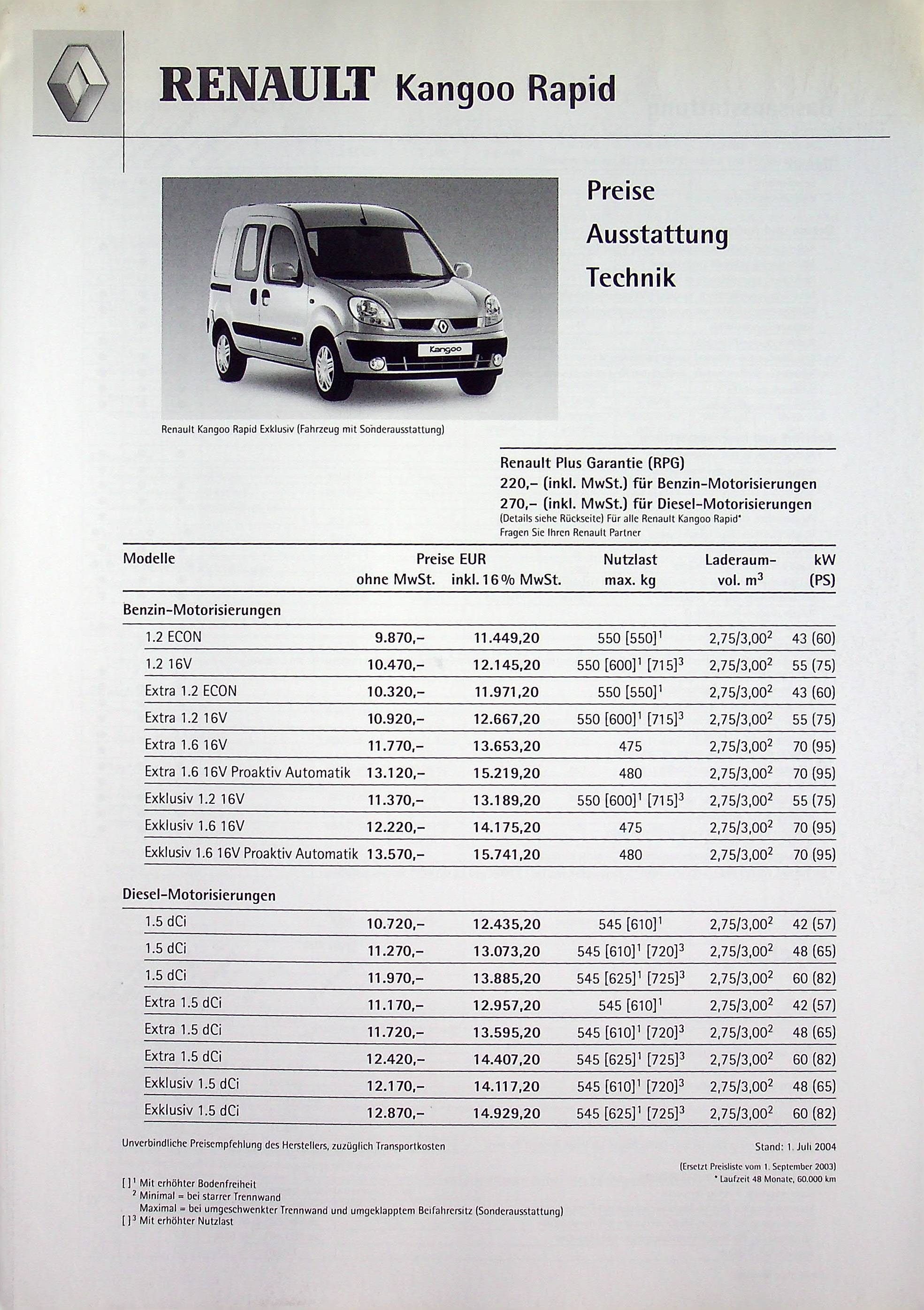 Renault Kangoo Rapid - Preise & Extras - Prospekt 07/2004