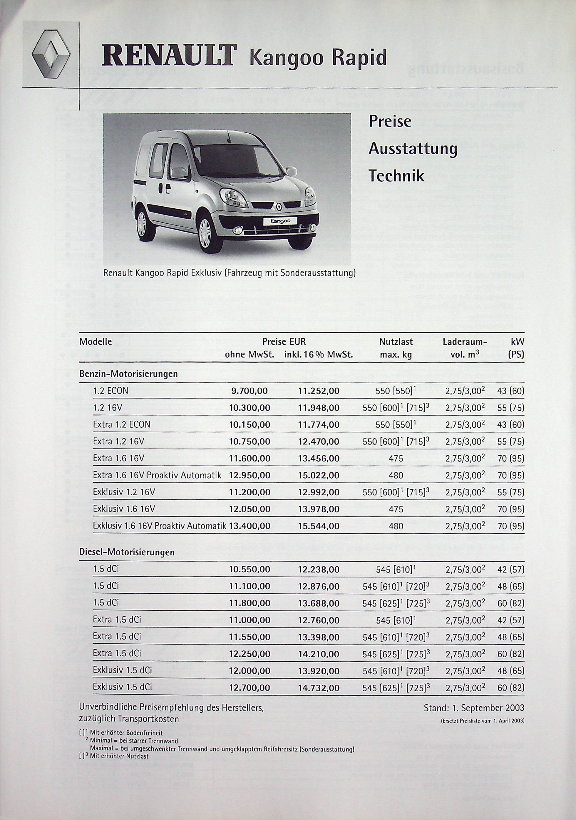 Renault Kangoo Rapid - Preise & Extras - Prospekt 09/2003