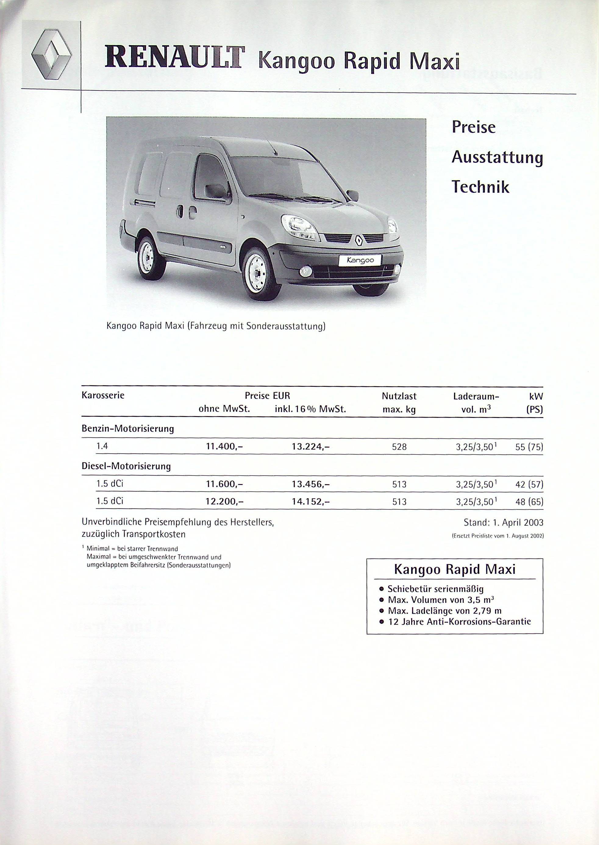 Renault Kangoo Rapid Maxi - Preise & Extras - Prospekt 04/2003