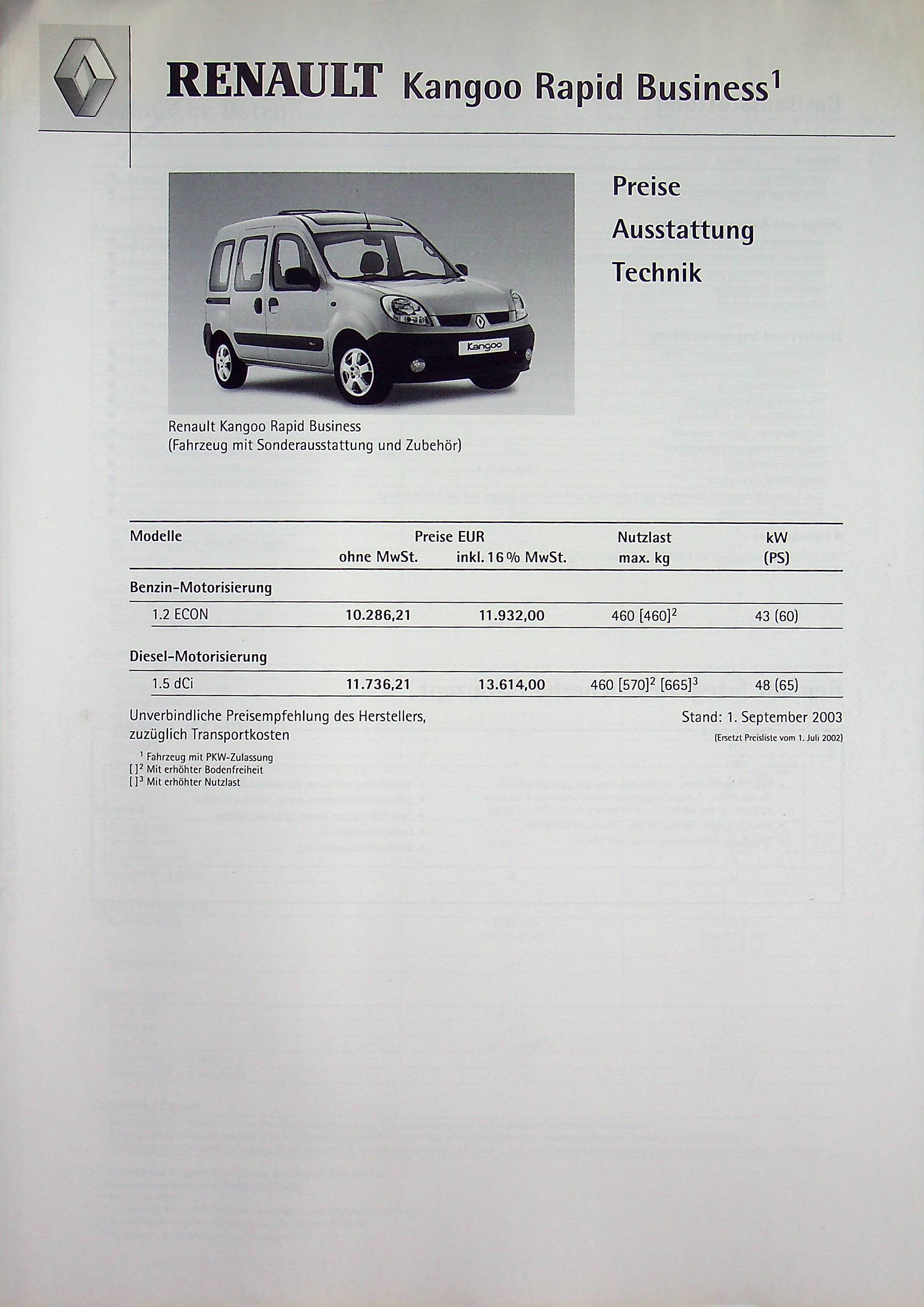 Renault Kangoo Rapid - Business - Preise & Extras - Prospekt 09/2003