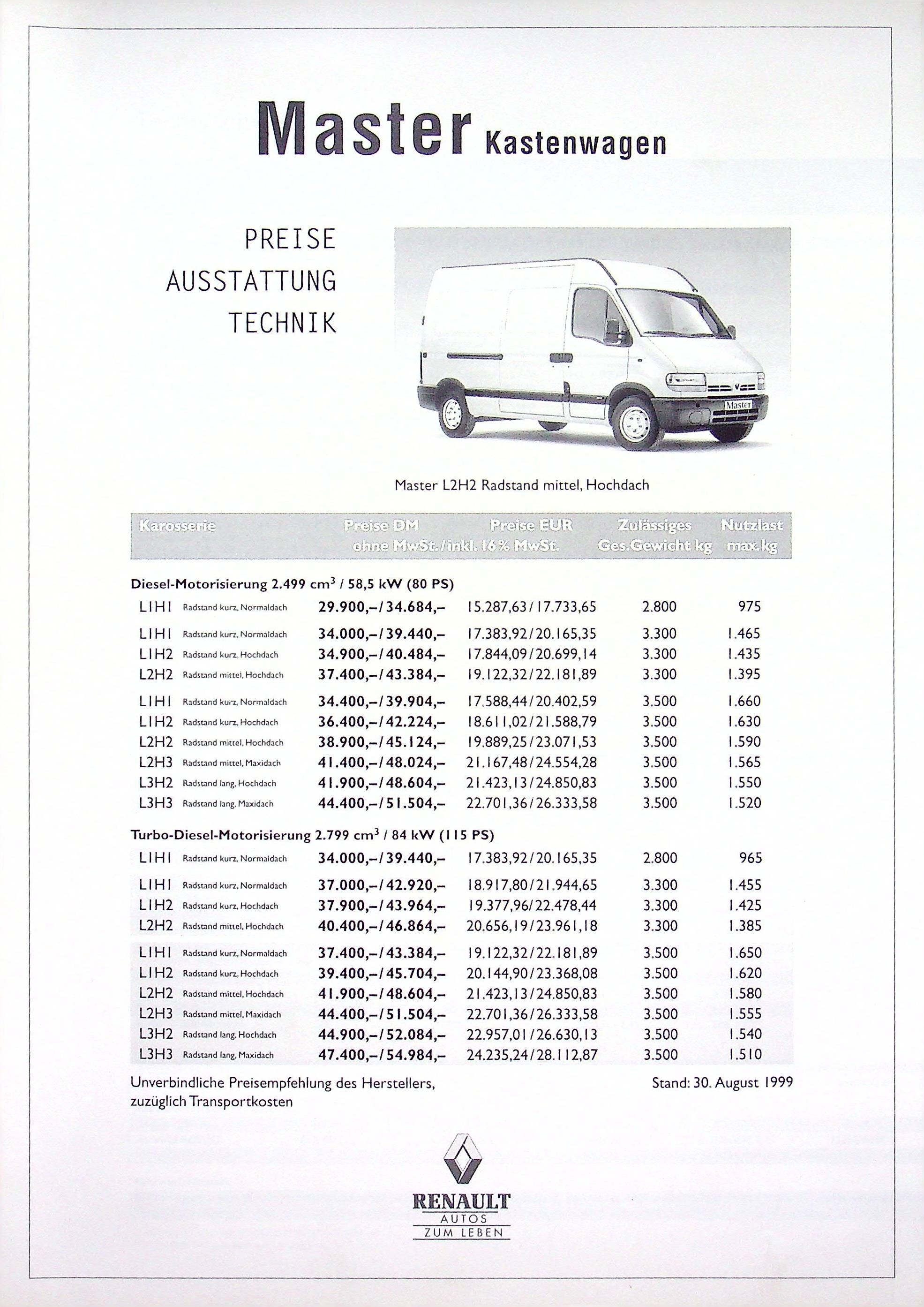 Renault Master Kasten - Preisliste & Extras - Prospekt 08/1999