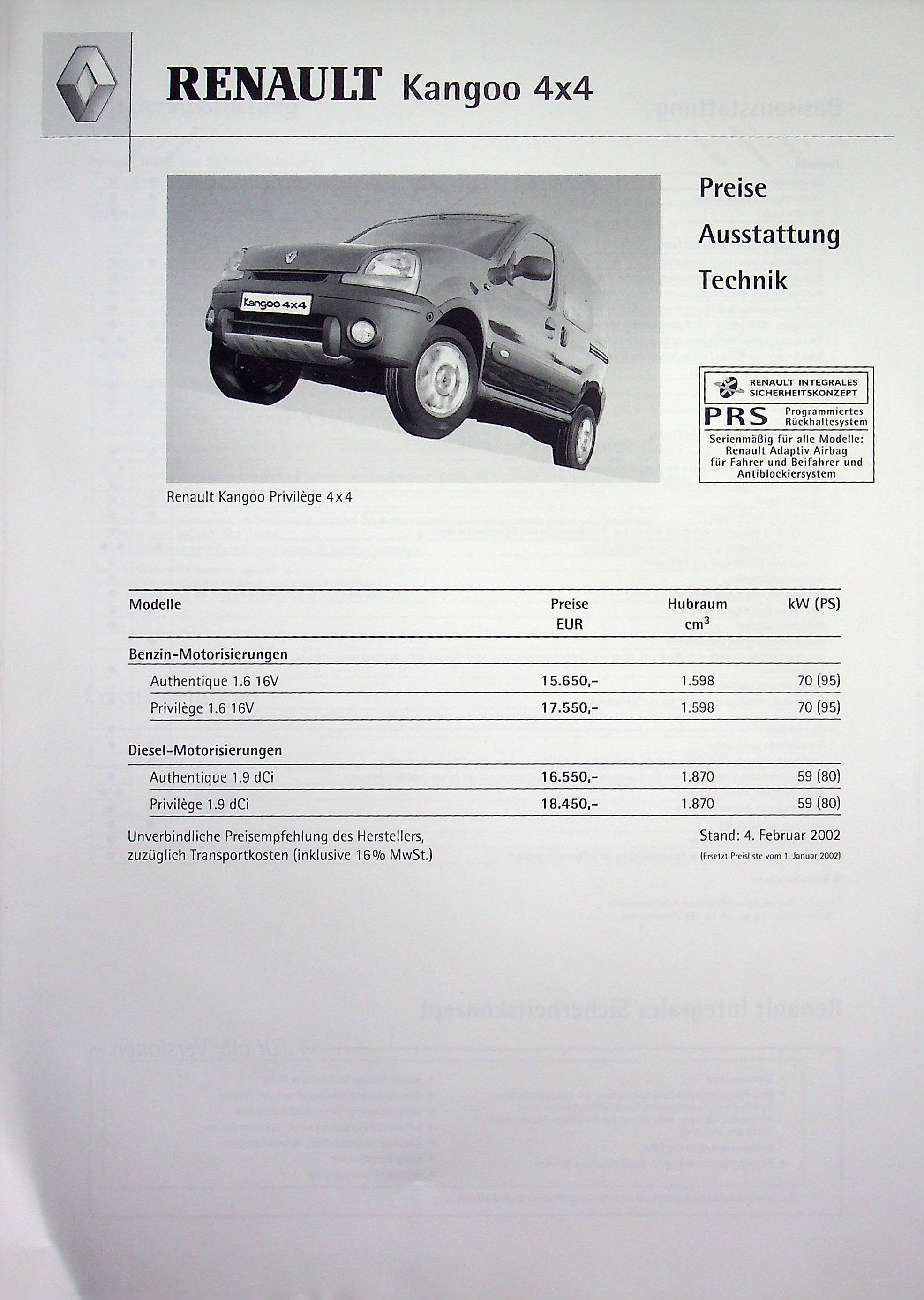 Renault Kangoo 4x4 - Preisliste & Extras - Prospekt 02/2002