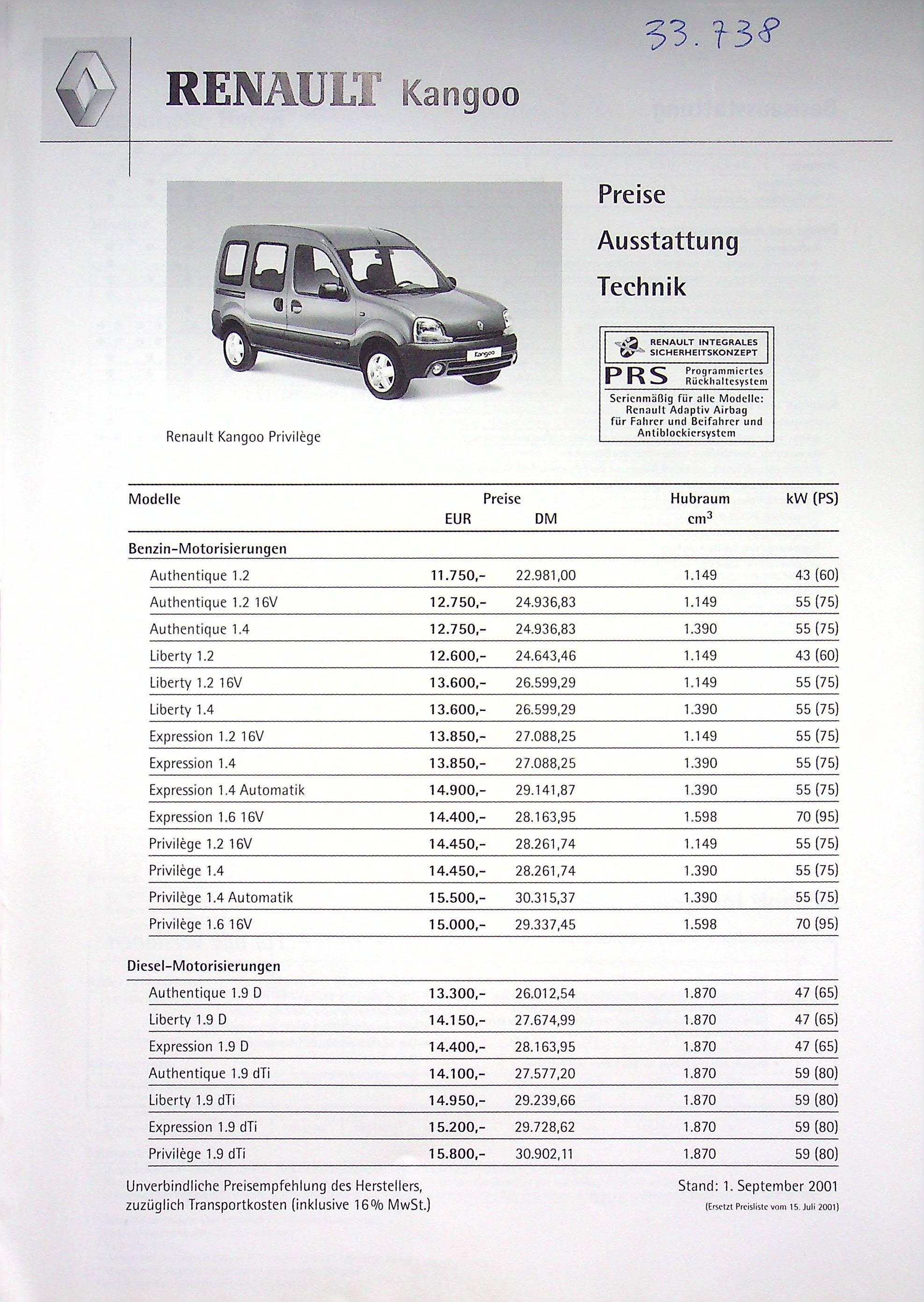 Renault Kangoo - Preisliste & Extras - Prospekt 09/2001