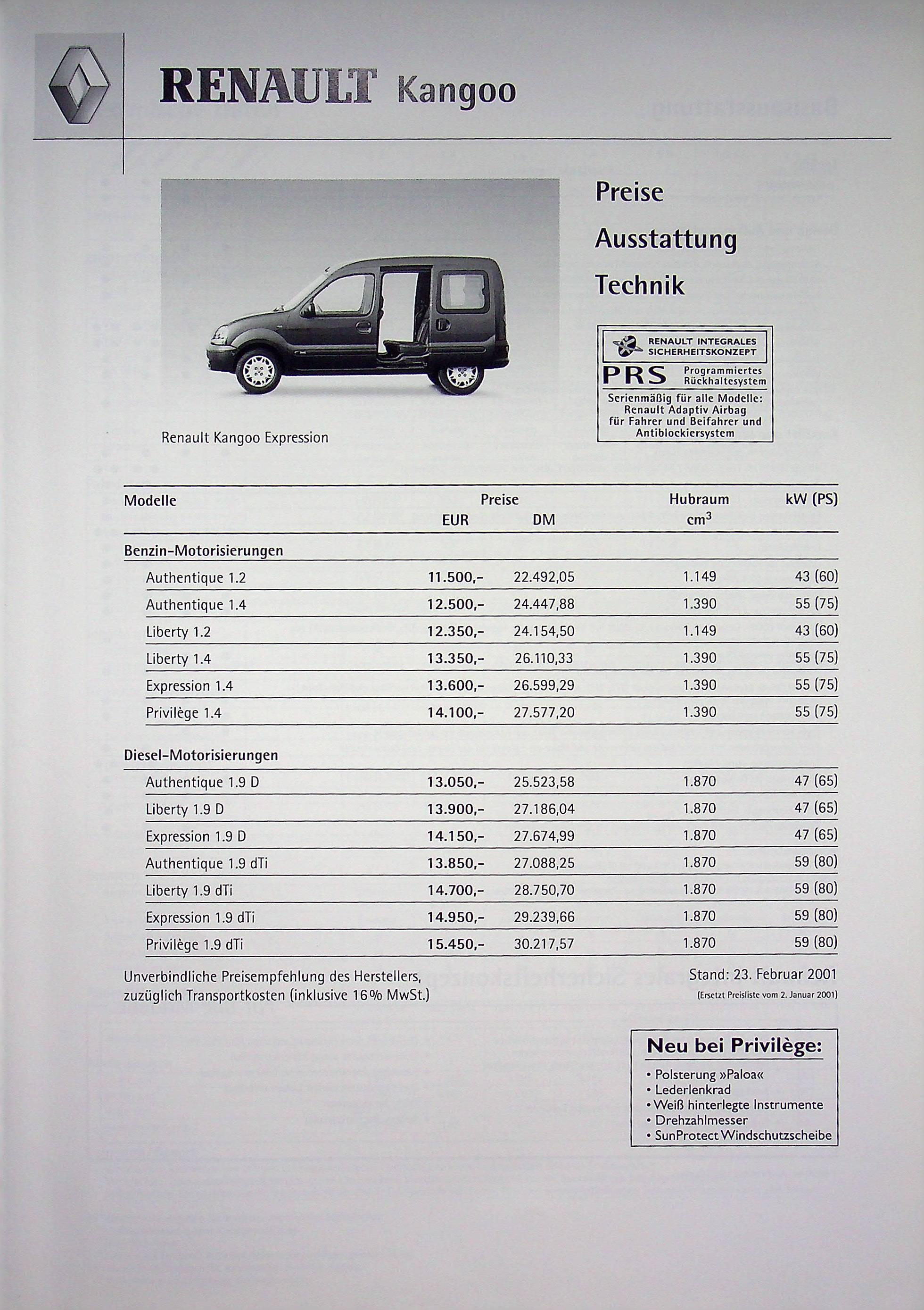 Renault Kangoo - Preisliste & Extras - Prospekt 02/2001