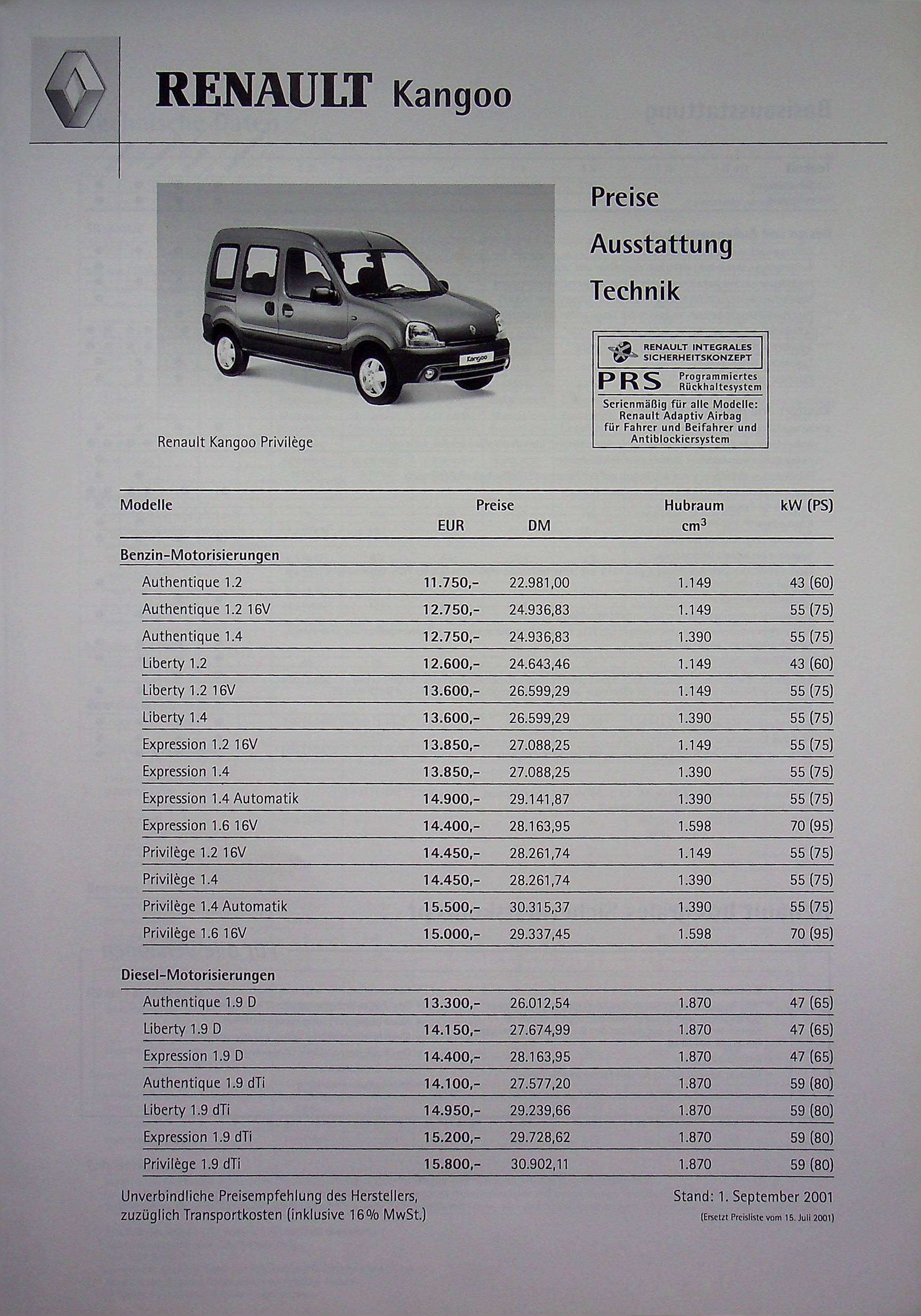 Renault Kangoo - Preisliste & Extras - Prospekt 09/2001