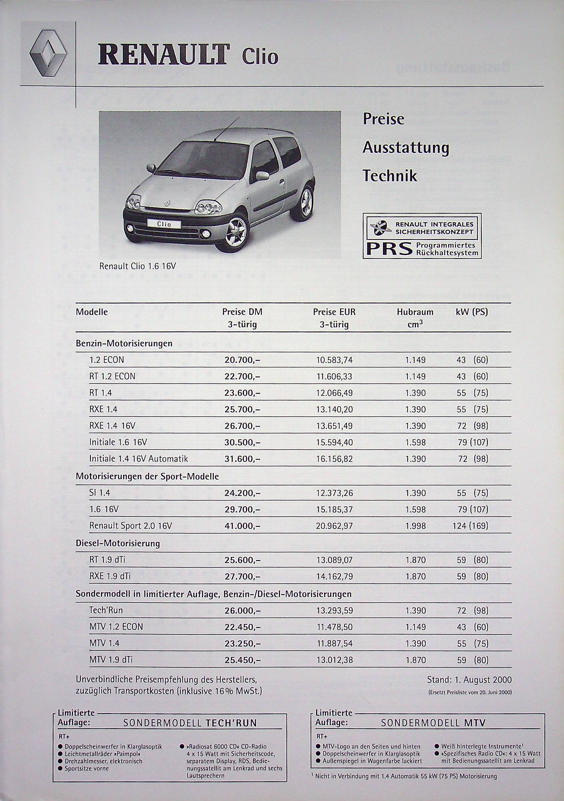 Renault Clio B - Preisliste & Extras - Prospekt 08/2000