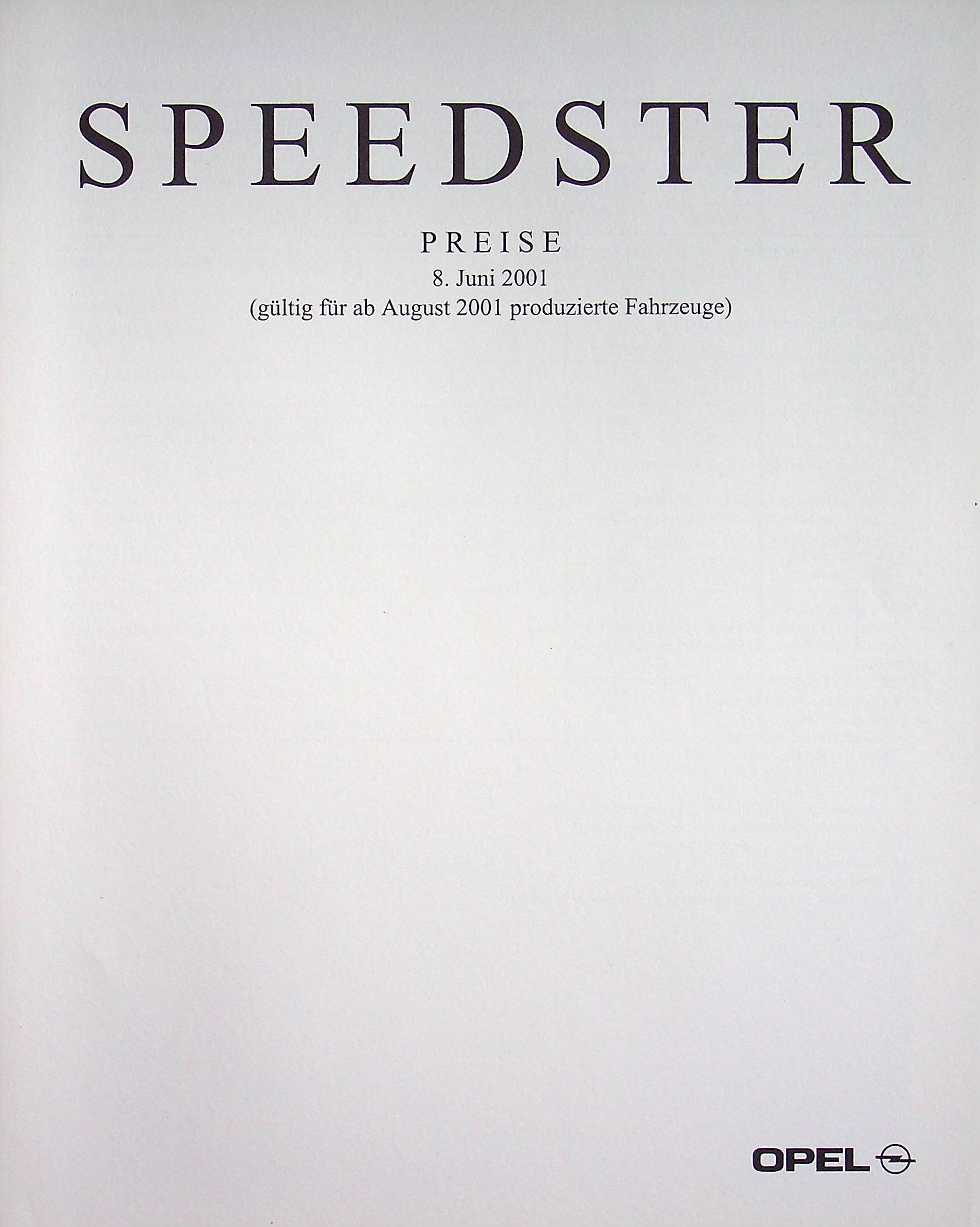 Opel Speedster - Preisliste & Extras - Prospekt 06/2001