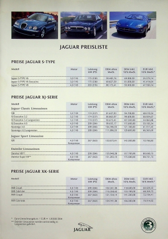 Jaguar S-Type SJ XK - Preisliste & Extras - Prospekt 02/1999