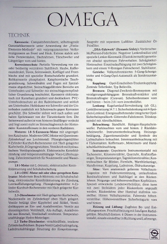 Opel Omega A - tech. Daten & Ausstattungen - Prospekt 10/1986